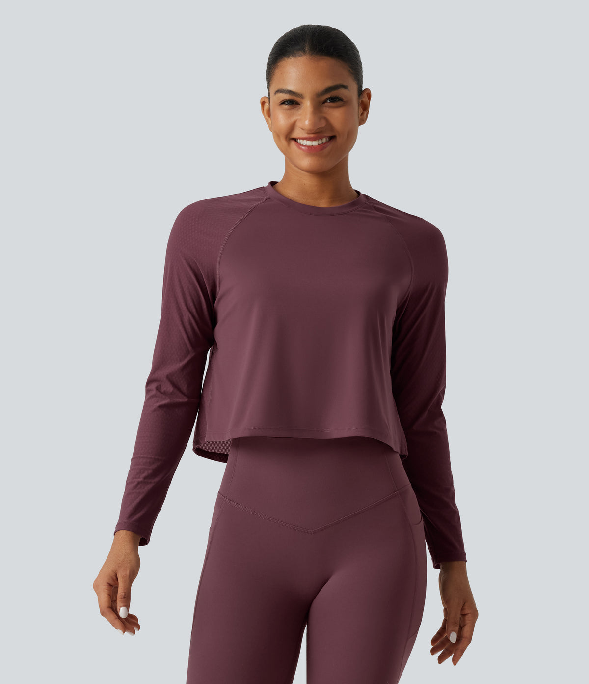 Round Neck Raglan Long Sleeve Quick Dry InstantCool Running Sports Top — Red Mahogany — view 3