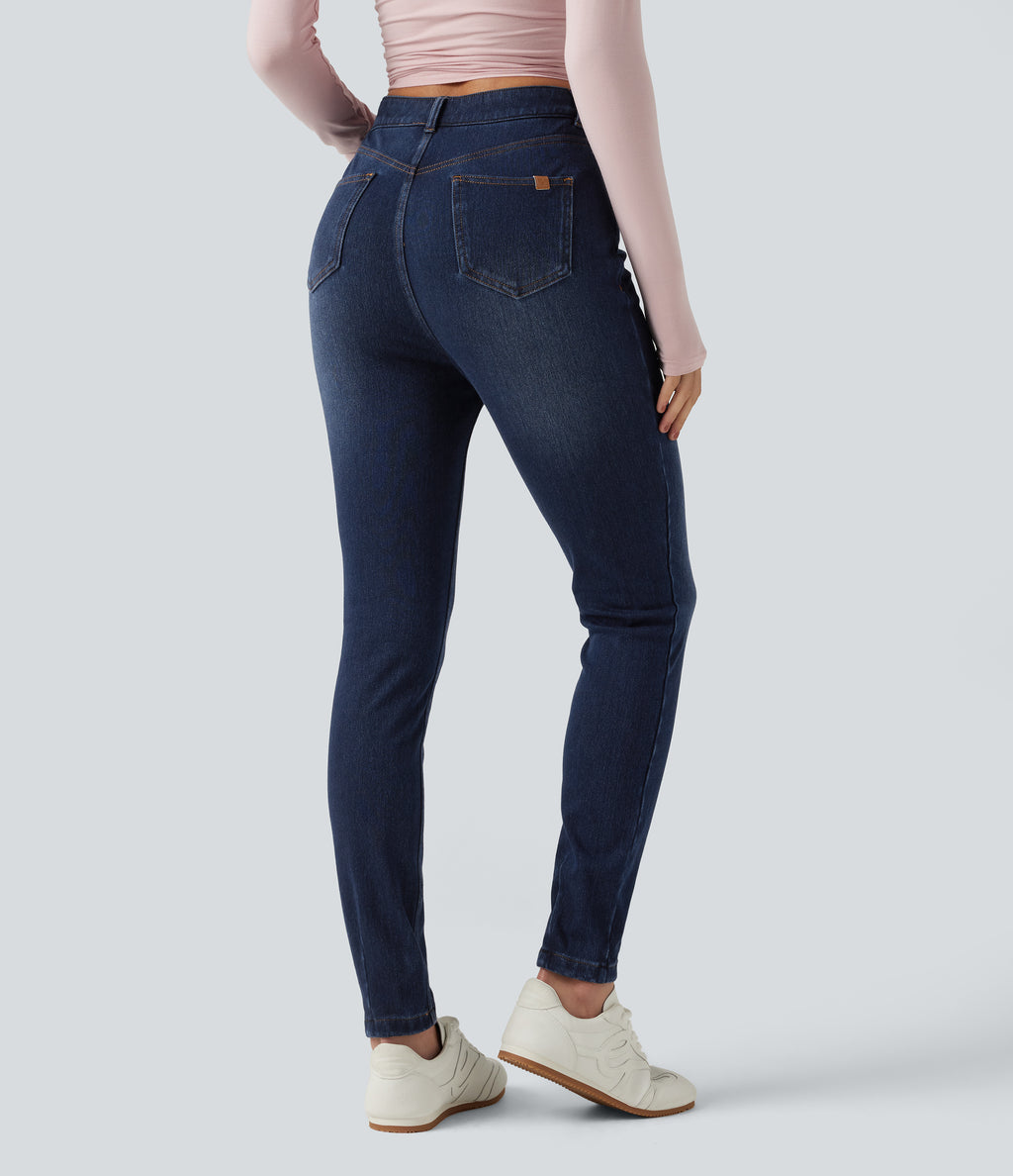 Denim Heat High Waisted Skinny Casual Cotton Jeans with Pockets — Pageant Blue Denim — view 2