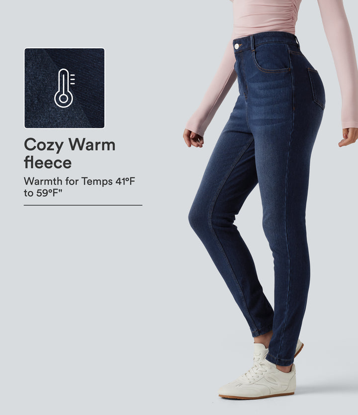 Denim Heat High Waisted Skinny Casual Cotton Jeans with Pockets — Pageant Blue Denim — view 1