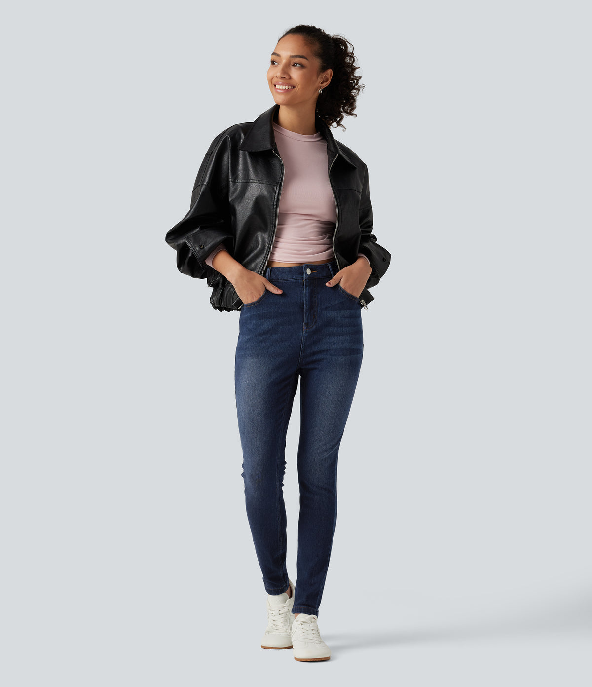 Denim Heat High Waisted Skinny Casual Cotton Jeans with Pockets — Pageant Blue Denim — view 7