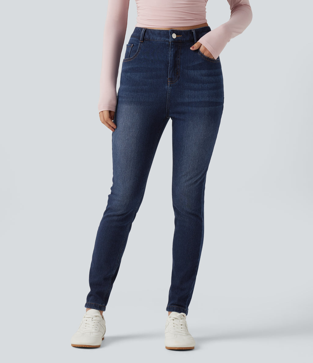 Denim Heat High Waisted Skinny Casual Cotton Jeans with Pockets — Pageant Blue Denim — view 3