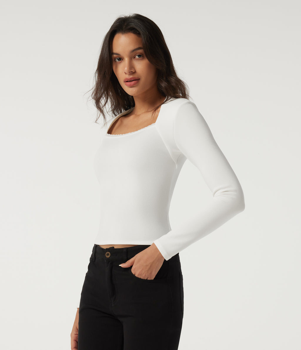 Queen Anne Neck Long Sleeve Contrast Lace Thermal Casual Top — White — view 3