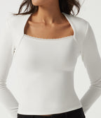 Queen Anne Neck Long Sleeve Contrast Lace Thermal Casual Top — White — view 5