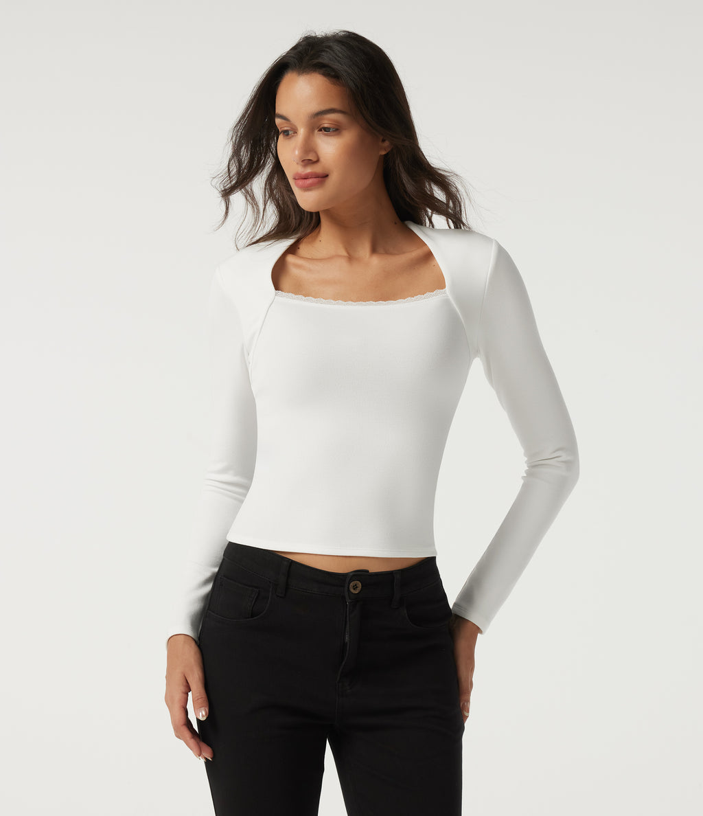 Queen Anne Neck Long Sleeve Contrast Lace Thermal Casual Top — White — view 4