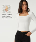 Queen Anne Neck Long Sleeve Contrast Lace Thermal Casual Top — White — view 1