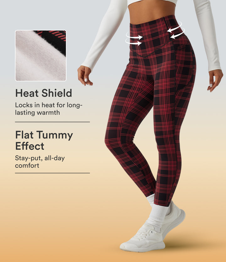 High Waisted Tummy Control Skinny Fleece Plaid Workout Leggings with Pockets — Apple Houndstooth Plaid — view 1