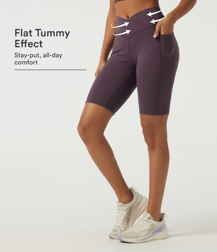 Speedwave High Waisted Crossover Tummy Control Skinny Training Biker Shorts 9" with Pockets — Dusky Evening purple — view 1