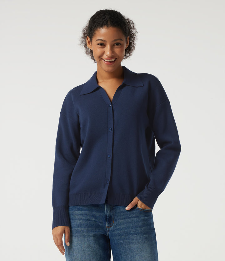 Lapel Collar Long Sleeve Work Cardigan — Nightfall Blue — view 1