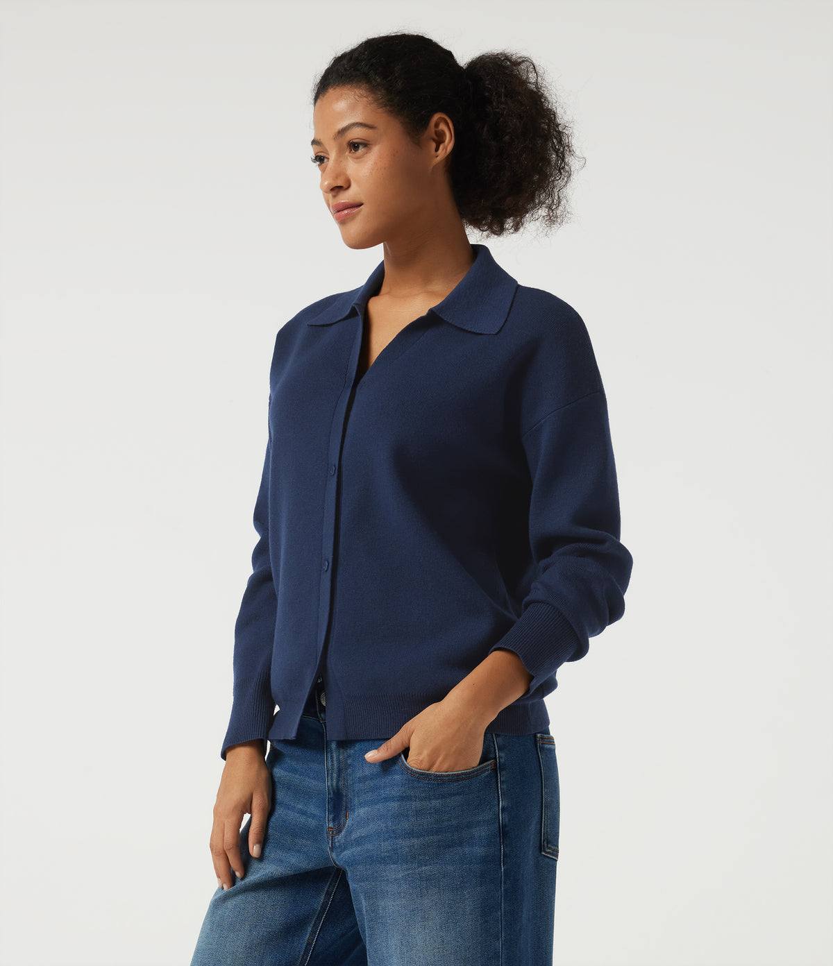 Lapel Collar Long Sleeve Work Cardigan — Nightfall Blue — view 3