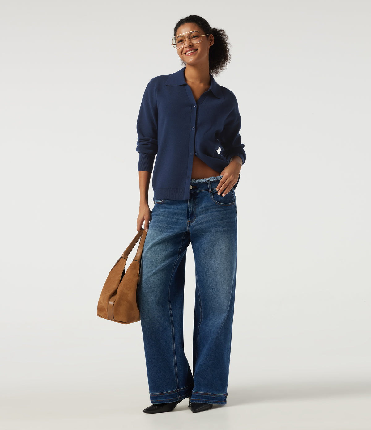 Lapel Collar Long Sleeve Work Cardigan — Nightfall Blue — view 6