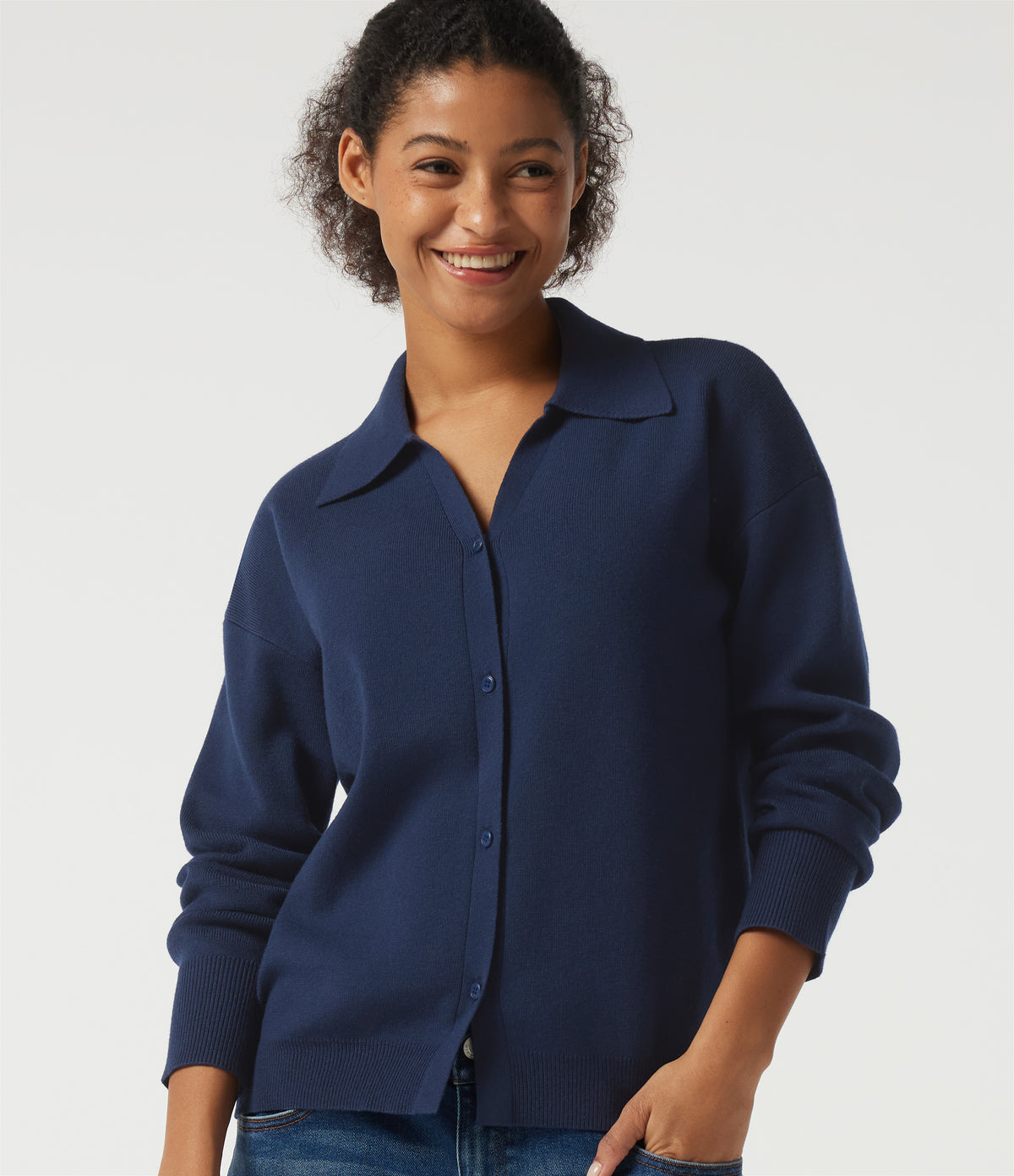 Lapel Collar Long Sleeve Work Cardigan — Nightfall Blue — view 4