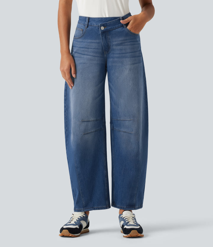 High Waisted Barrel Leg Casual Jeans with Pockets — Tide Blue Denim — view 9