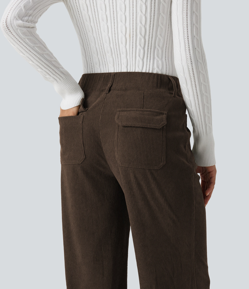 Mid Rise Bootcut Buckle Corduroy Casual Trousers with Pockets — Demitasse — view 5