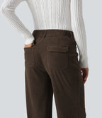 Mid Rise Bootcut Buckle Corduroy Casual Trousers with Pockets — Demitasse — view 5