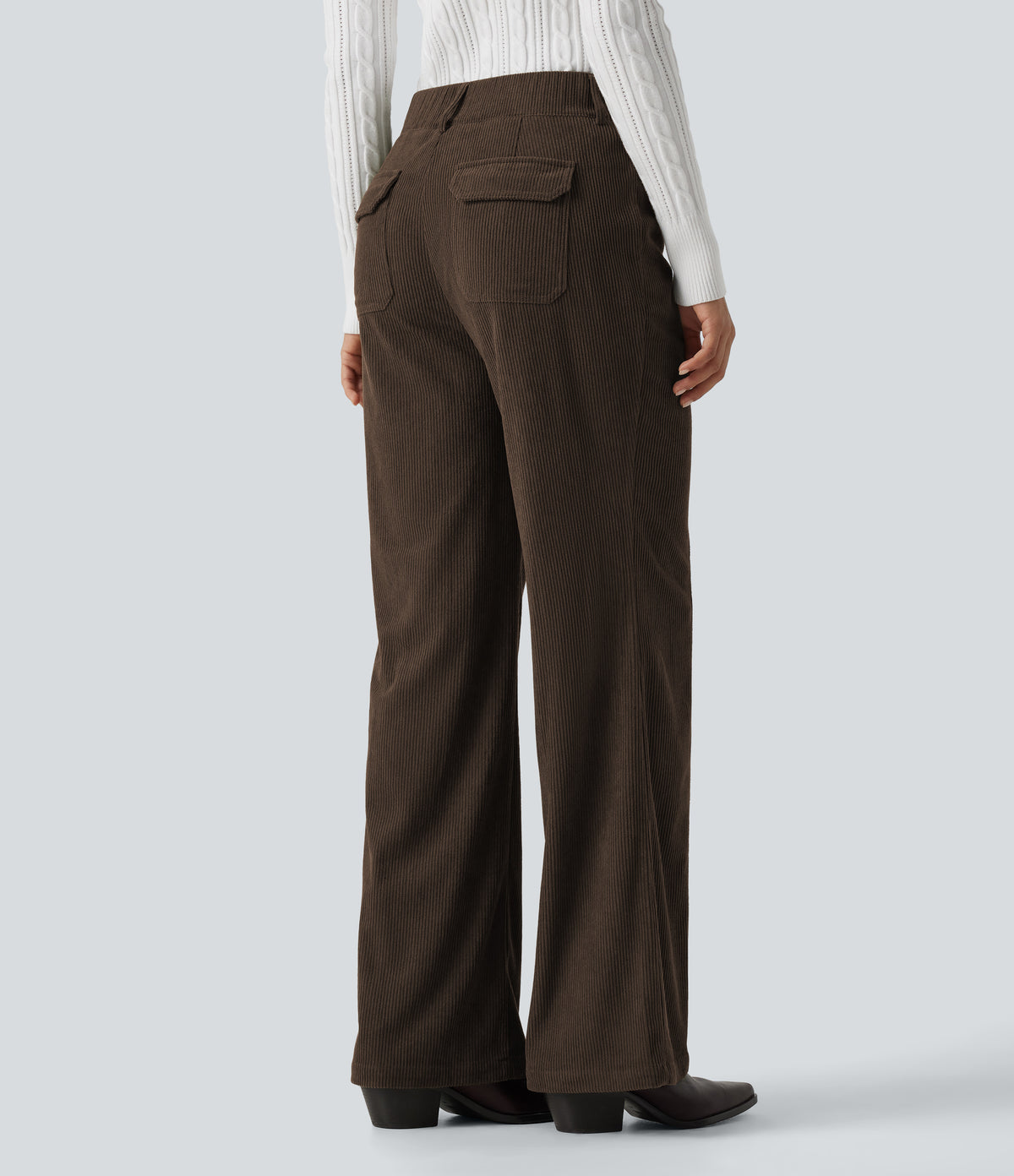 Mid Rise Bootcut Buckle Corduroy Casual Trousers with Pockets — Demitasse — view 2