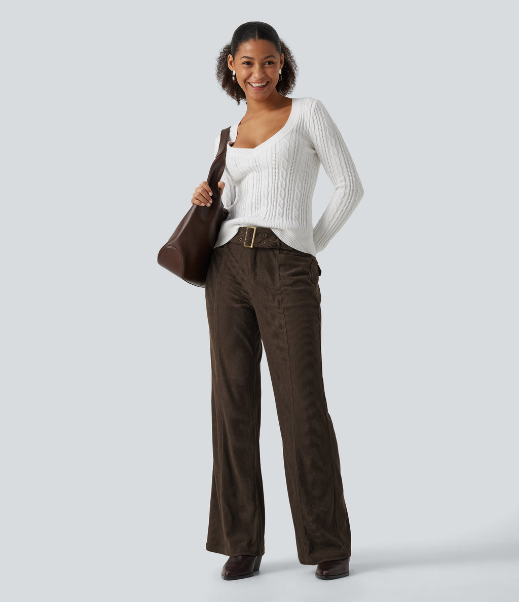 Mid Rise Bootcut Buckle Corduroy Casual Trousers with Pockets — Demitasse — view 6