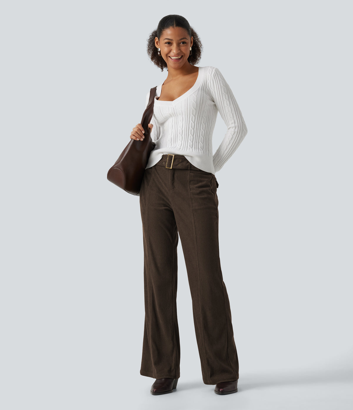 Mid Rise Bootcut Buckle Corduroy Casual Trousers with Pockets — Demitasse — view 6