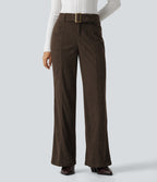 Mid Rise Bootcut Buckle Corduroy Casual Trousers with Pockets — Demitasse — view 1
