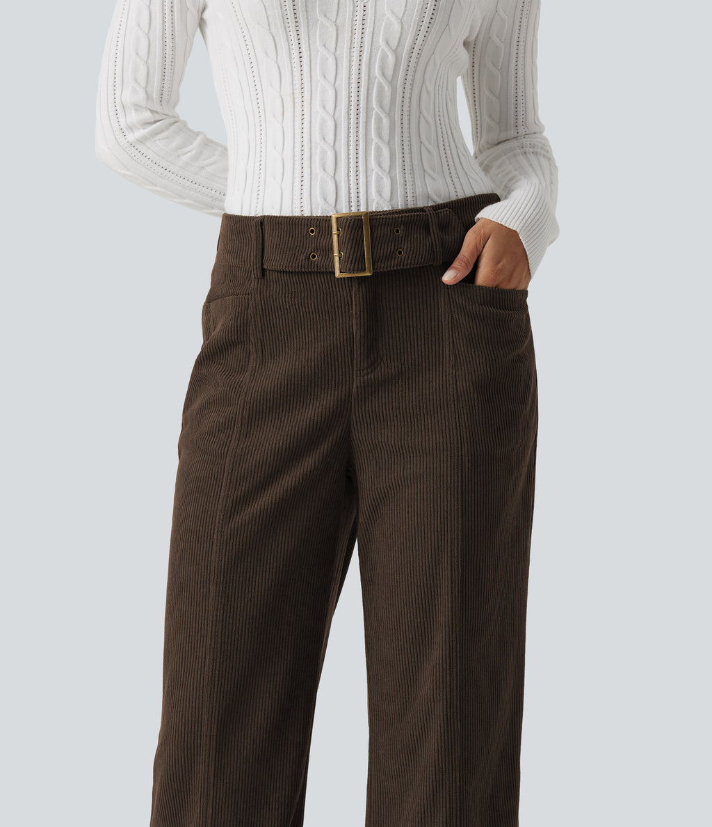 Mid Rise Bootcut Buckle Corduroy Casual Trousers with Pockets — Demitasse — view 4