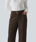 Mid Rise Bootcut Buckle Corduroy Casual Trousers with Pockets — Demitasse — view 4