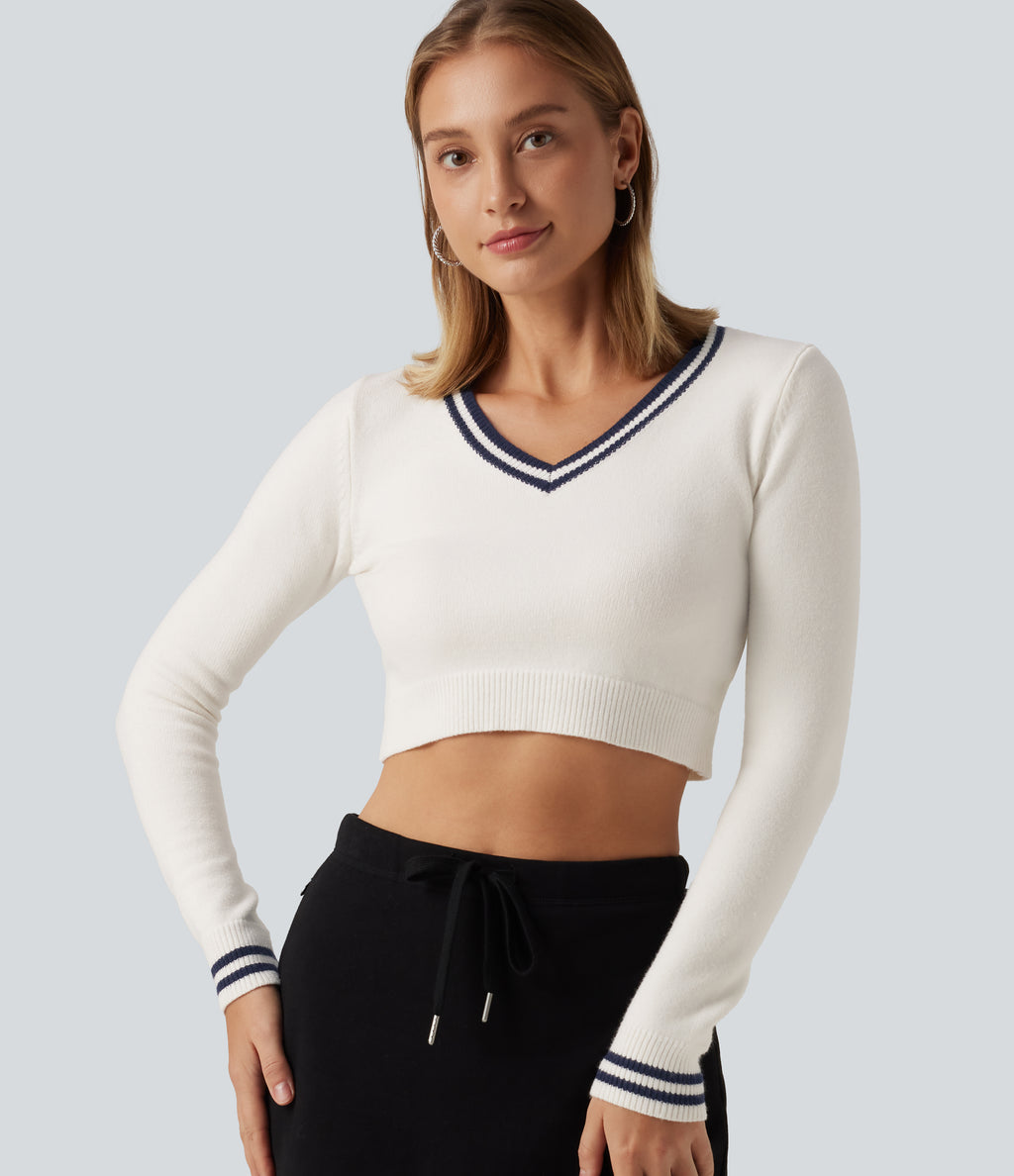 V Neck Slim Long Sleeve Patterned Casual Cropped Sweater — White — view 1