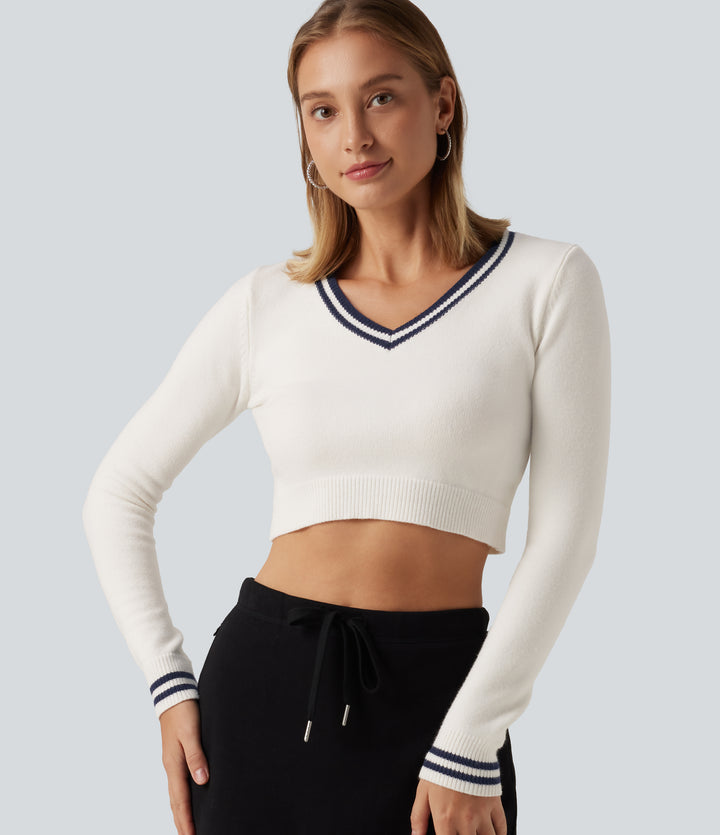 V Neck Slim Long Sleeve Patterned Casual Cropped Sweater — White — view 1
