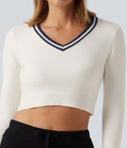 V Neck Slim Long Sleeve Patterned Casual Cropped Sweater — White — view 5