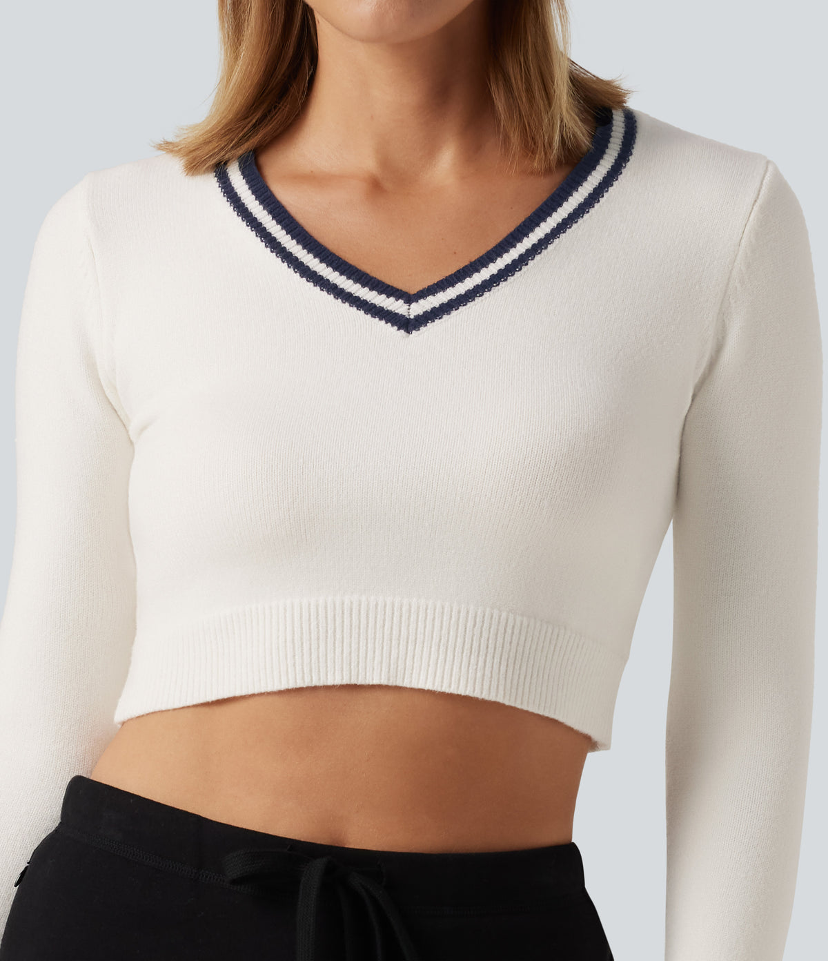 V Neck Slim Long Sleeve Patterned Casual Cropped Sweater — White — view 5