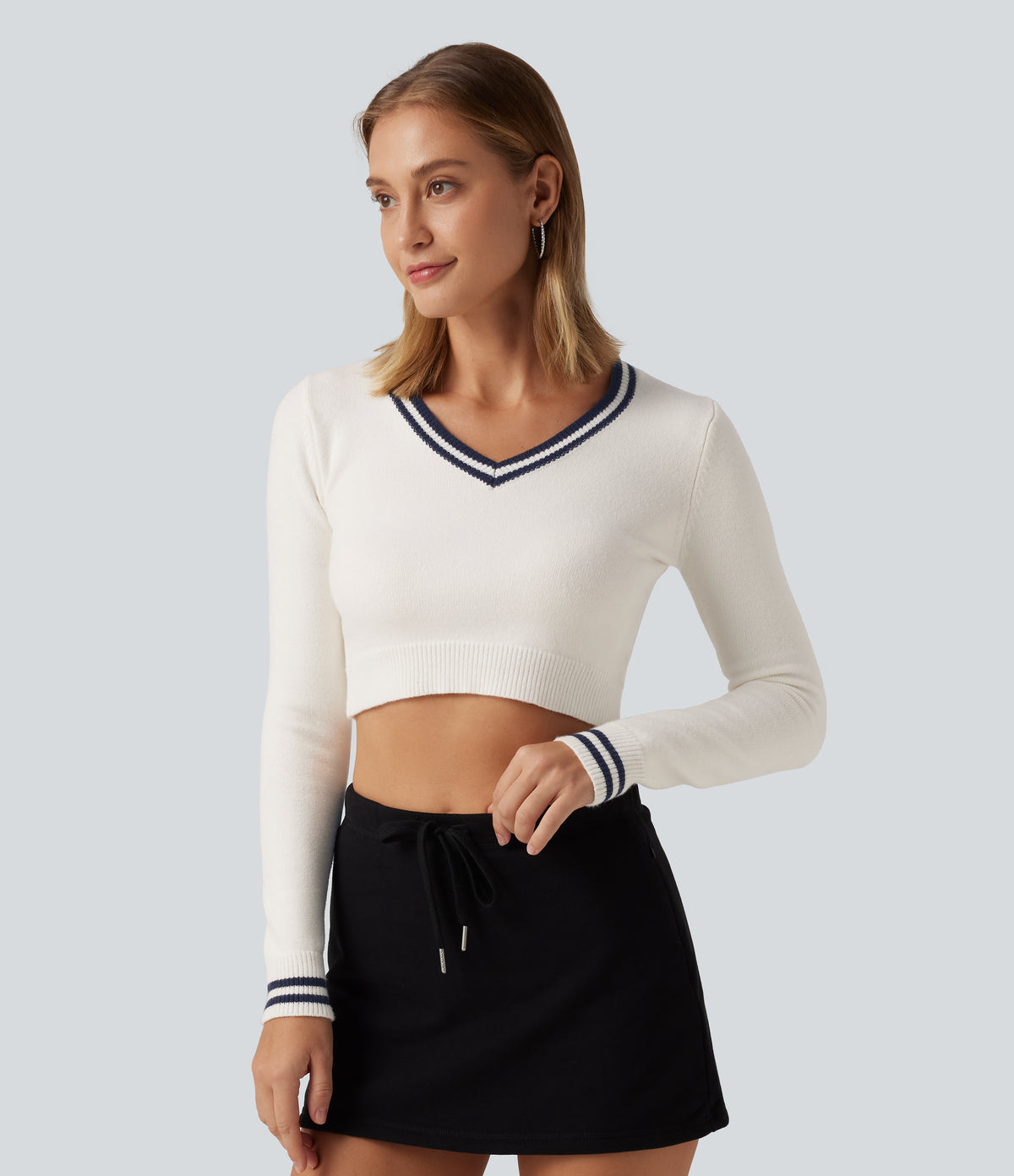 V Neck Slim Long Sleeve Patterned Casual Cropped Sweater — White — view 4