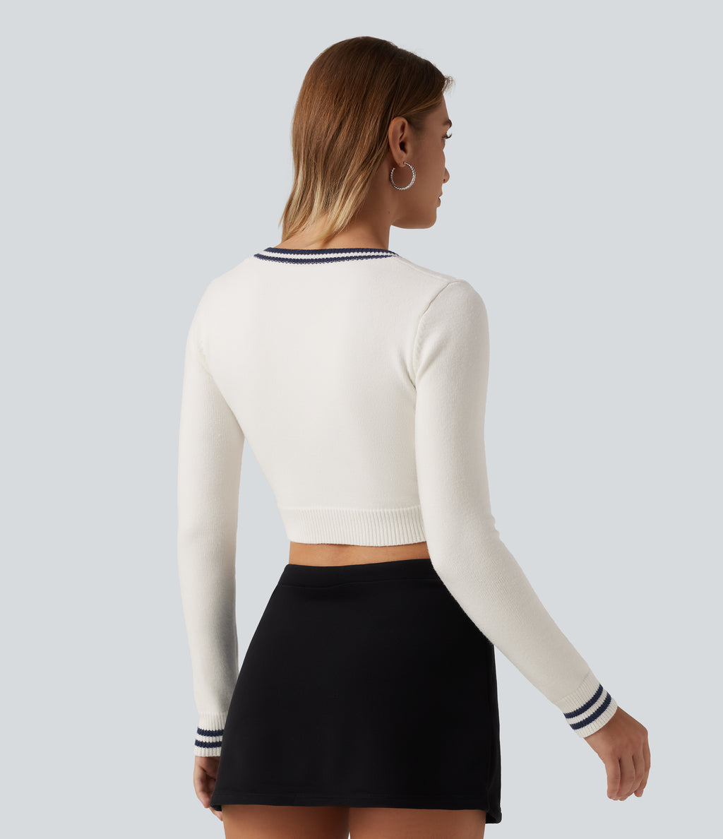 V Neck Slim Long Sleeve Patterned Casual Cropped Sweater — White — view 2