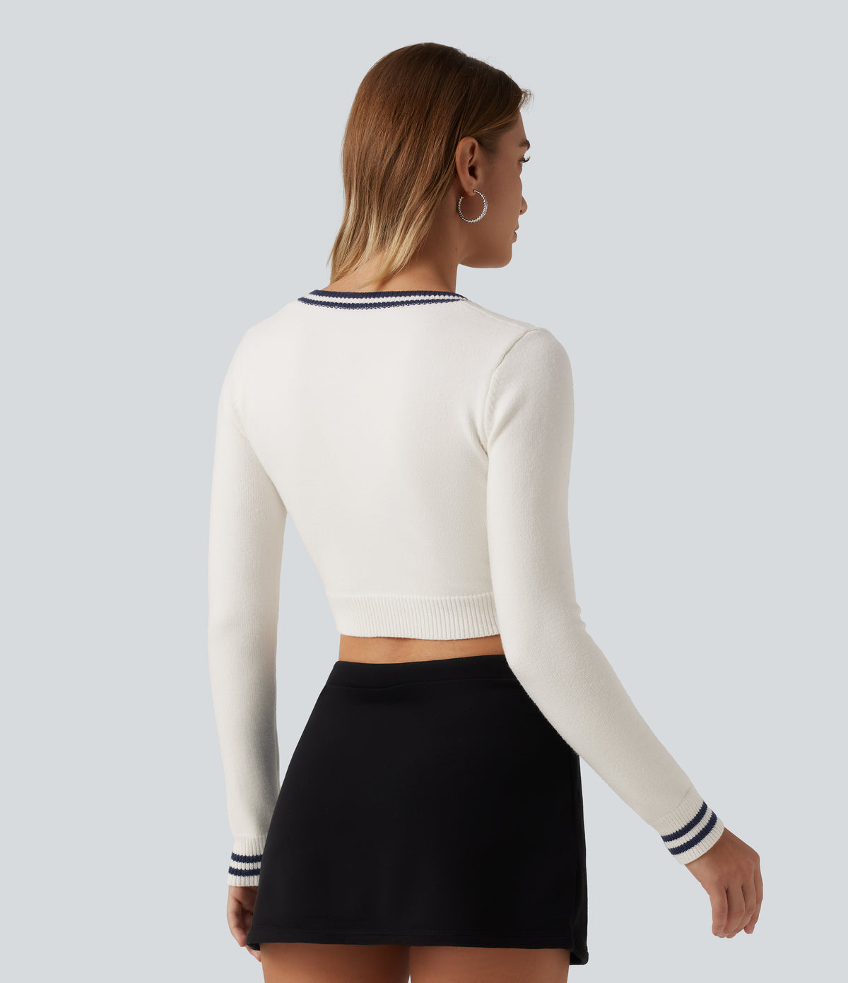V Neck Slim Long Sleeve Patterned Casual Cropped Sweater — White — view 2