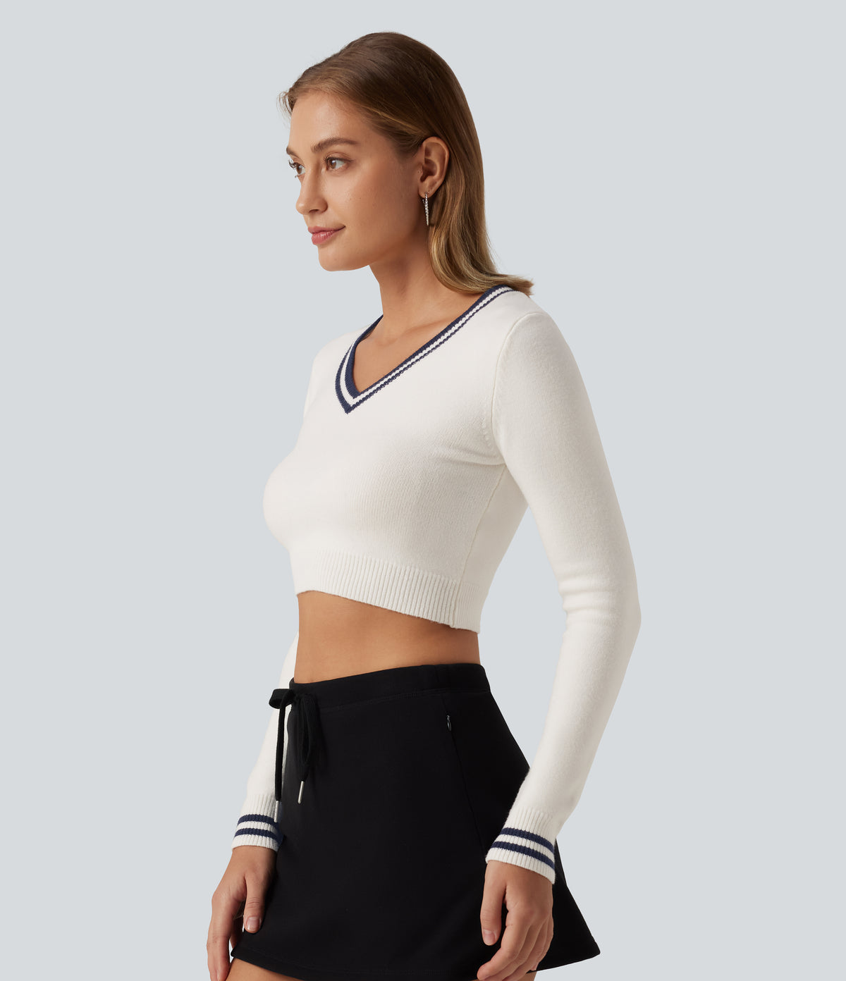 V Neck Slim Long Sleeve Patterned Casual Cropped Sweater — White — view 3