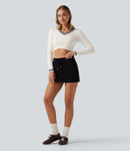 V Neck Slim Long Sleeve Patterned Casual Cropped Sweater — White — view 7