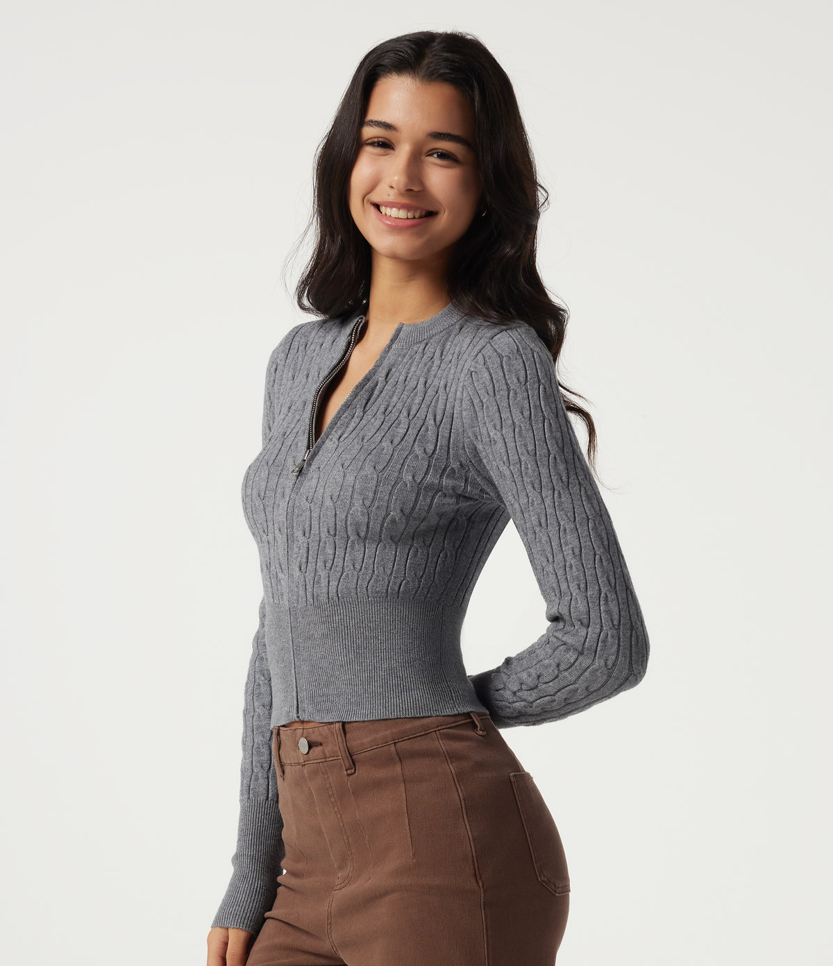 Round Neck Long Sleeve Casual Sweater — Gray Contours — view 3