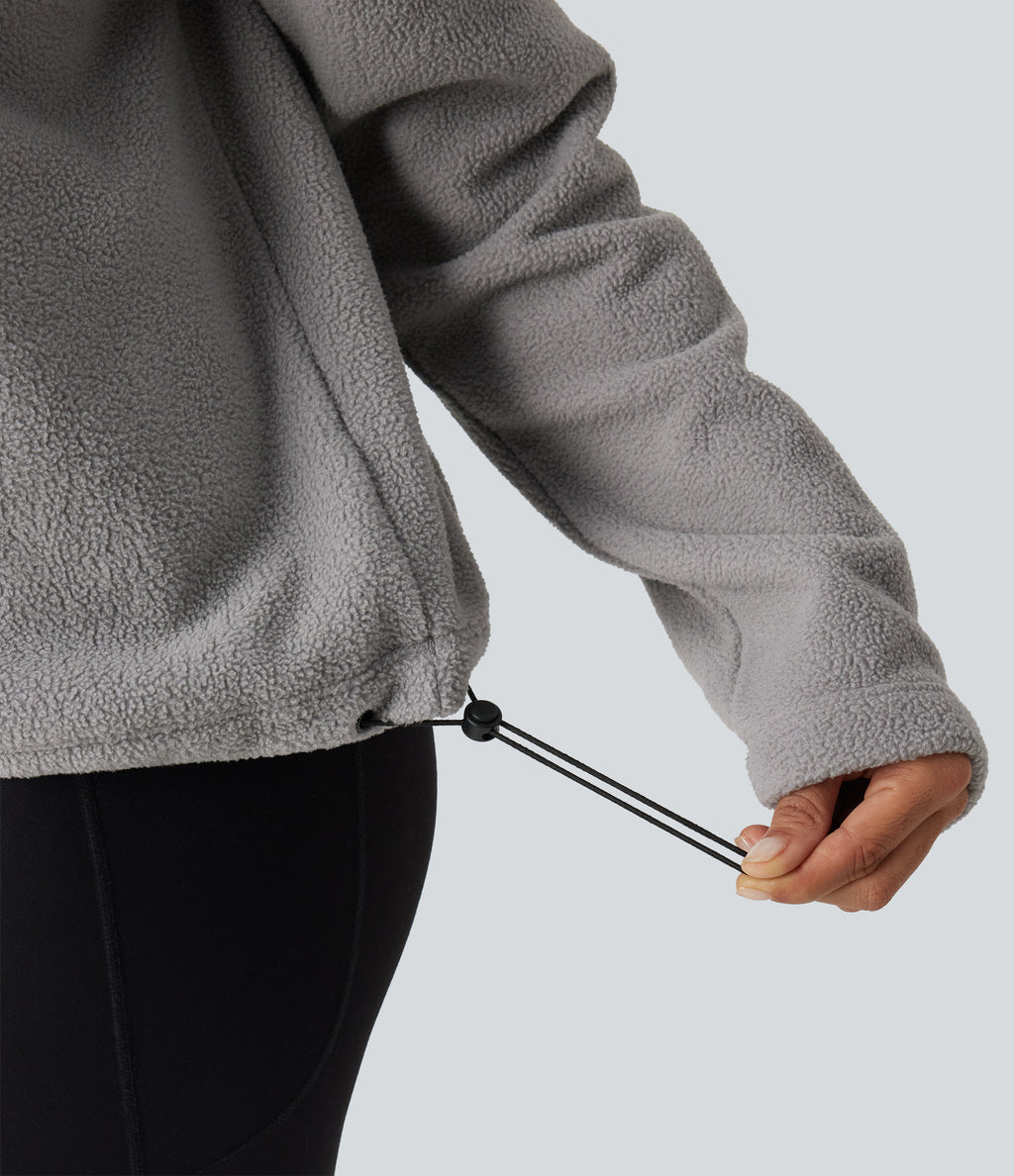High Neck Drawstring Long Sleeve Gathered Hem Fleece Casual Sweatshirt — Absorption — view 6
