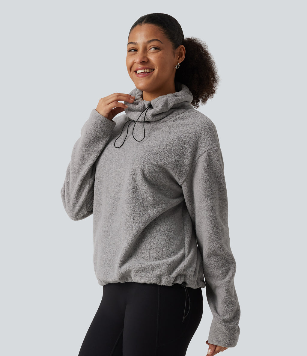 High Neck Drawstring Long Sleeve Gathered Hem Fleece Casual Sweatshirt — Absorption — view 3