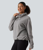 High Neck Drawstring Long Sleeve Gathered Hem Fleece Casual Sweatshirt — Absorption — view 3
