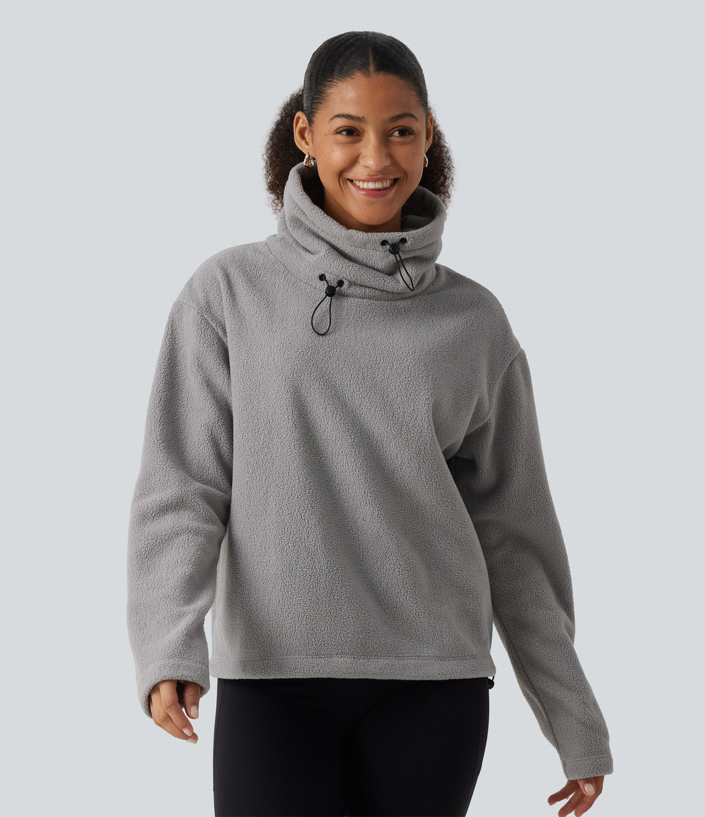 High Neck Drawstring Long Sleeve Gathered Hem Fleece Casual Sweatshirt — Absorption — view 4