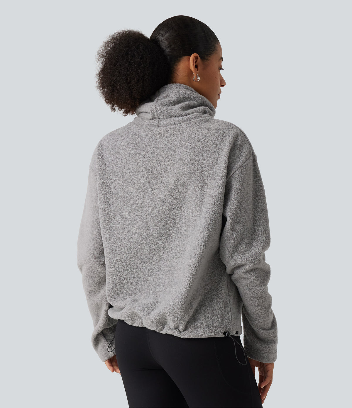 High Neck Drawstring Long Sleeve Gathered Hem Fleece Casual Sweatshirt — Absorption — view 2