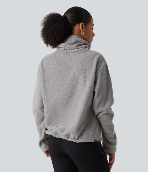 High Neck Drawstring Long Sleeve Gathered Hem Fleece Casual Sweatshirt — Absorption — view 2
