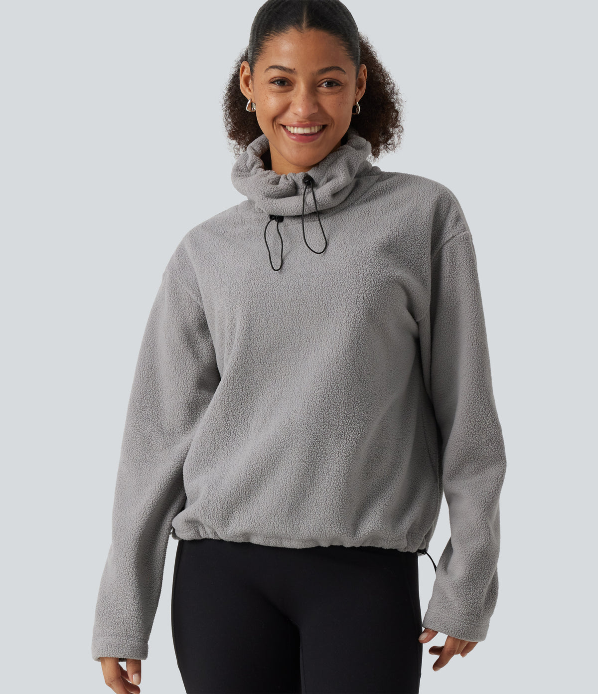 High Neck Drawstring Long Sleeve Gathered Hem Fleece Casual Sweatshirt — Absorption — view 1