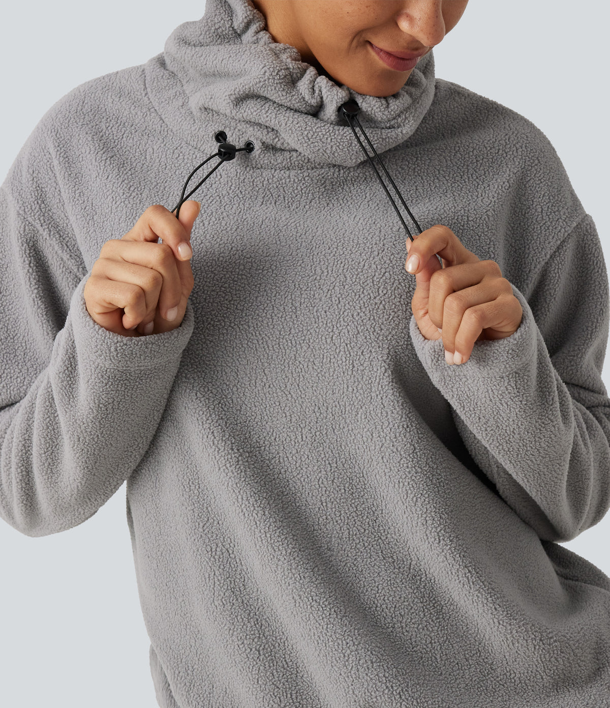 High Neck Drawstring Long Sleeve Gathered Hem Fleece Casual Sweatshirt — Absorption — view 5
