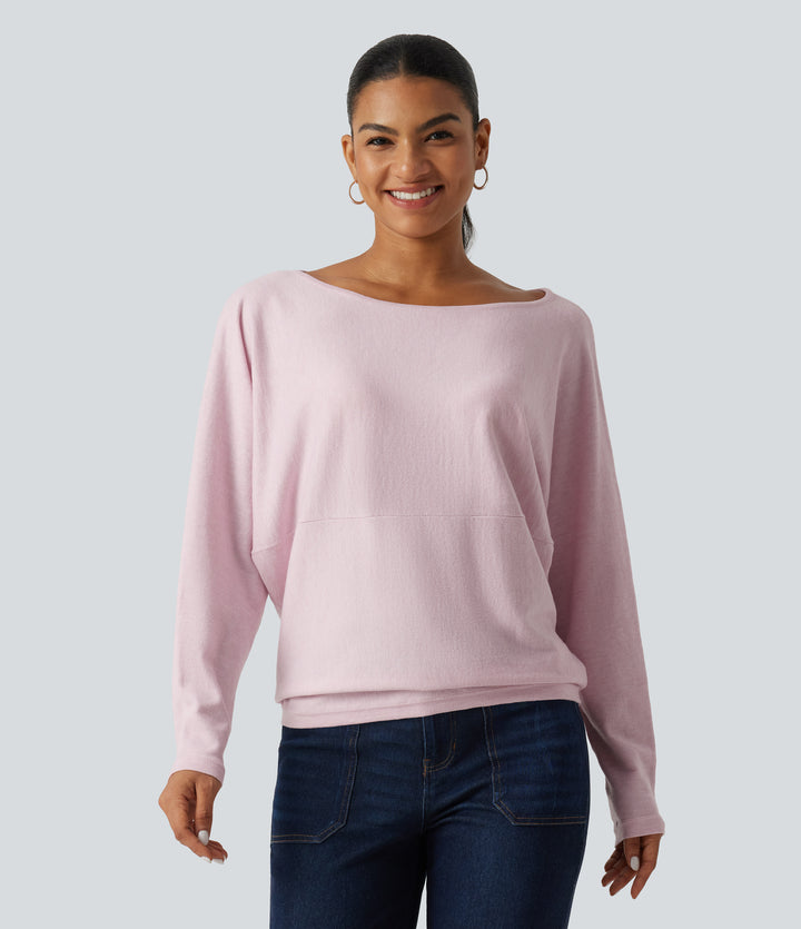 Boat Neck Long Sleeve Casual Sweater — Lilac Ash — view 1