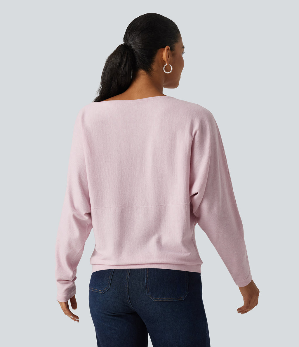 Boat Neck Long Sleeve Casual Sweater — Lilac Ash — view 2