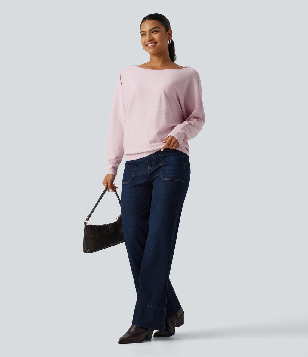 Boat Neck Long Sleeve Casual Sweater — Lilac Ash — view 7
