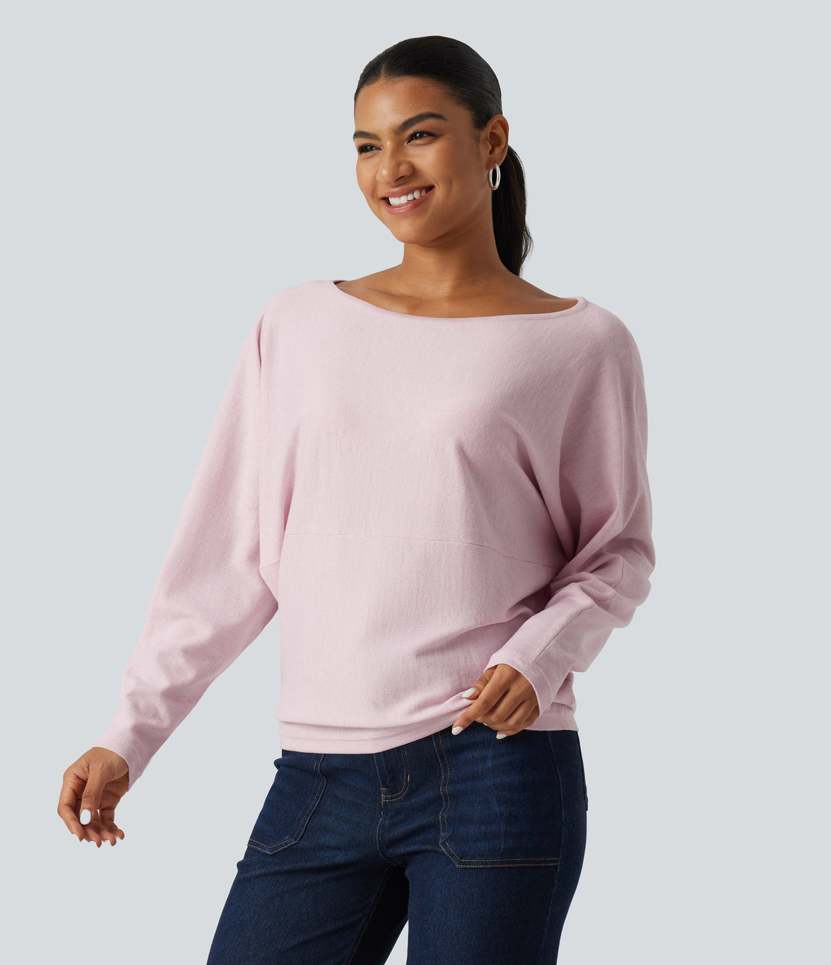Boat Neck Long Sleeve Casual Sweater — Lilac Ash — view 3