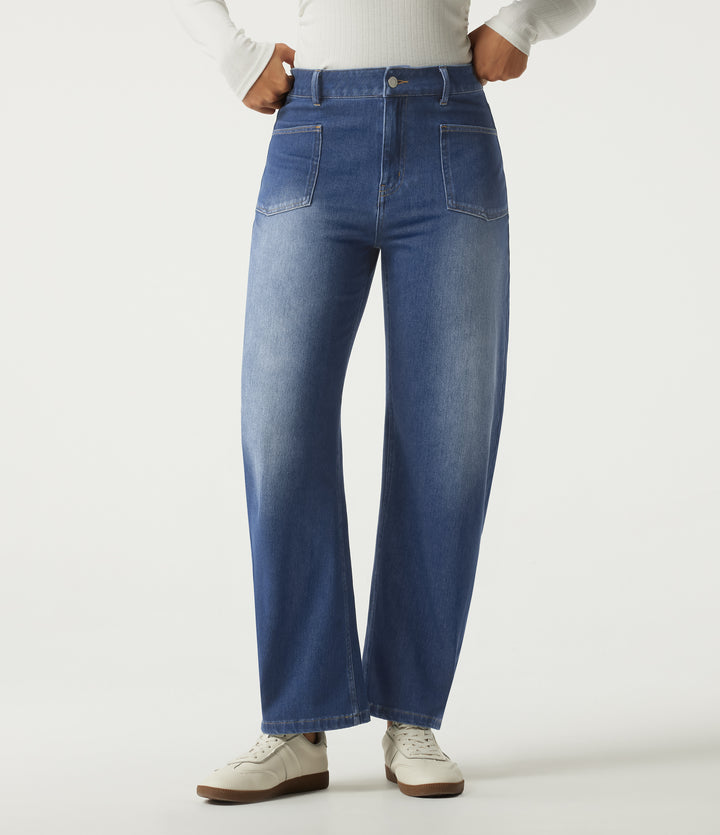 High Waisted Barrel Leg Casual Cotton Jeans with Pockets — Estate Blue Denim — view 1