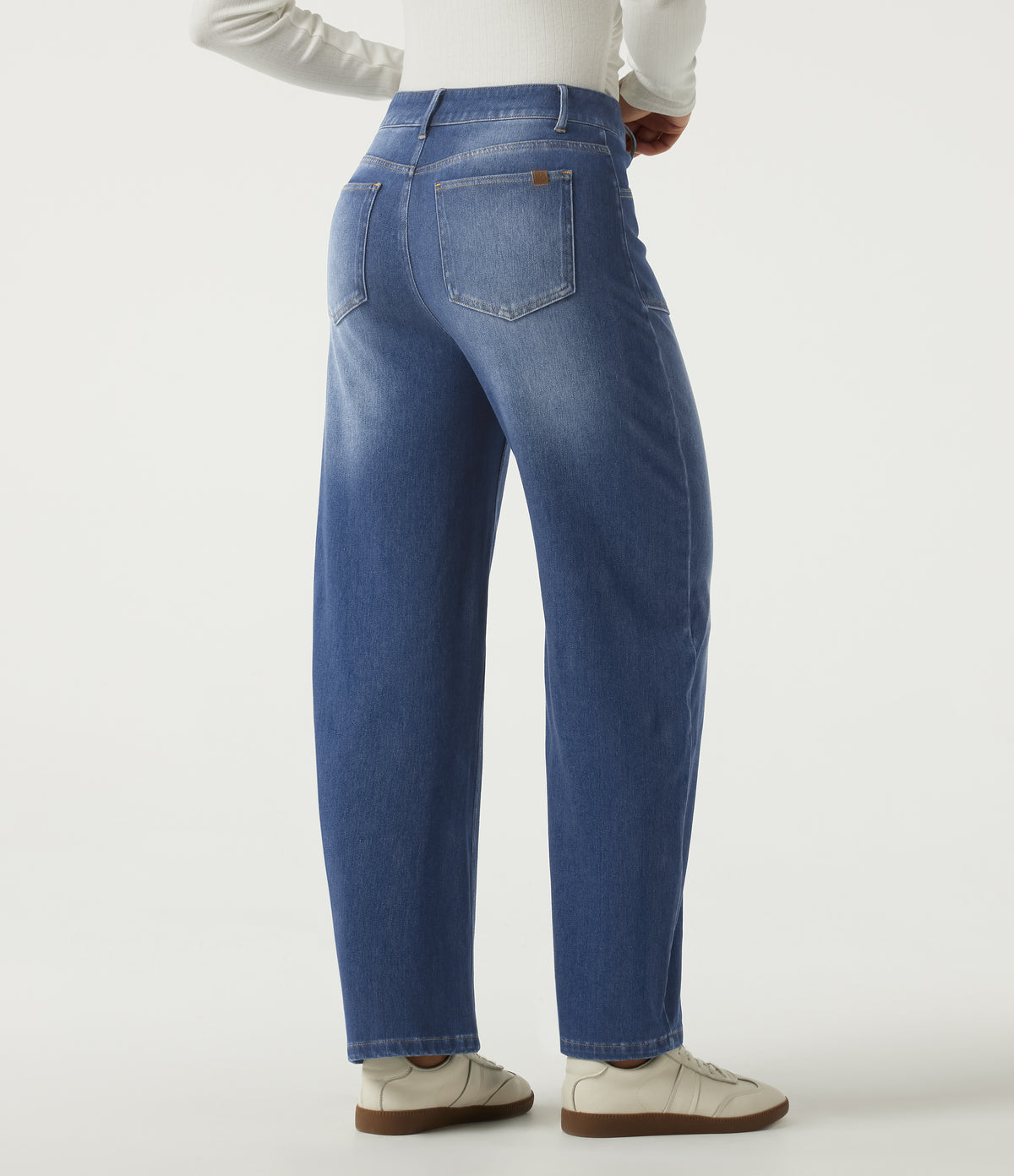 High Waisted Barrel Leg Casual Cotton Jeans with Pockets — Estate Blue Denim — view 2