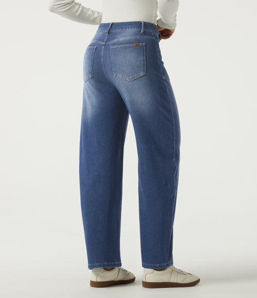 High Waisted Barrel Leg Casual Cotton Jeans with Pockets — Estate Blue Denim — view 2