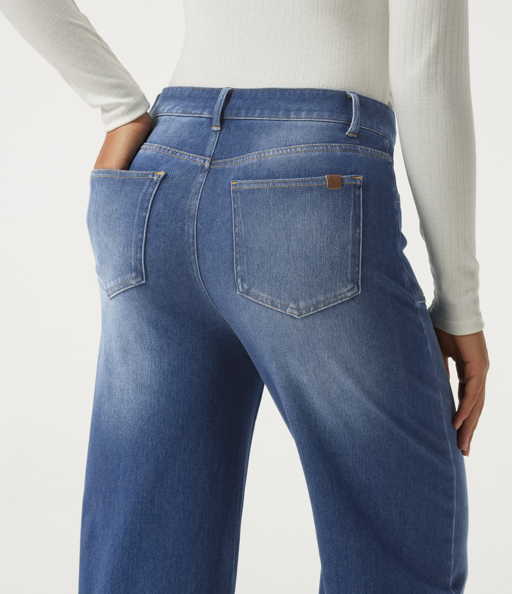 High Waisted Barrel Leg Casual Cotton Jeans with Pockets — Estate Blue Denim — view 5